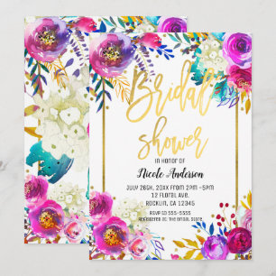 Bridal Shower Gold Script Bold Watercolor Floral Invitation