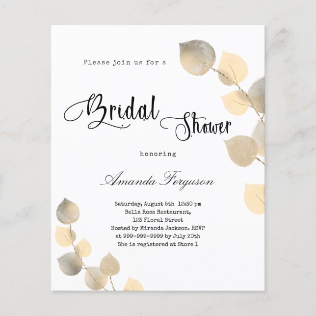 Bridal Shower golden eucalyptus budget invitation Flyer (Front)