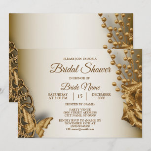 Bridal Shower Golden Floral Butterfly Vintage Invitation