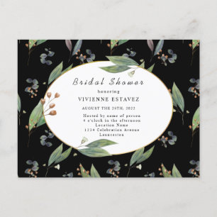 Bridal shower green leaf black gold wedding announcement postcard