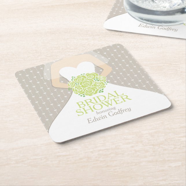 Bridal shower green roses white dress custom square paper coaster (Angled)