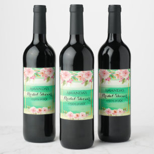 Bridal shower green wood pink flowers rustic wine label