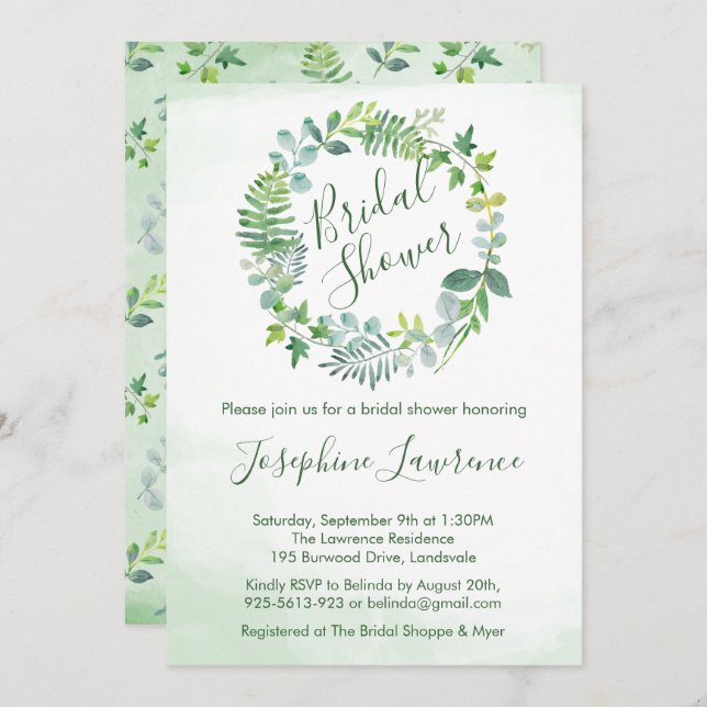 Bridal Shower Greenery Foliage Watercolor Invitation (Front/Back)