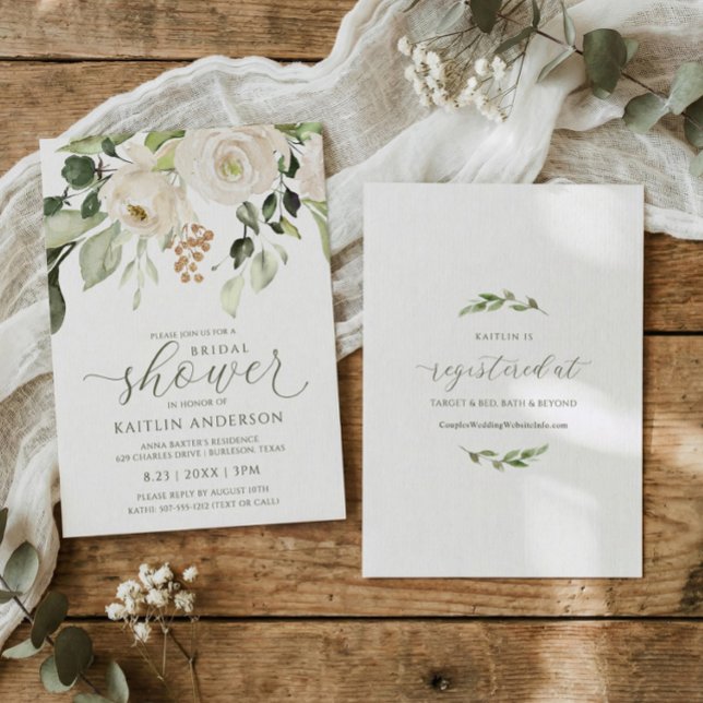 Bridal Shower Greenery Foliage White Watercolor Invitation (Elegant bridal shower invitations in white watercolor flowers and greenery with registry on back.)