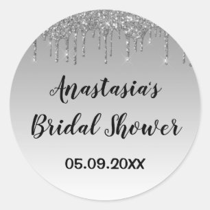 Bridal Shower Grey & Silver Glitter Drips Sparkle Classic Round Sticker