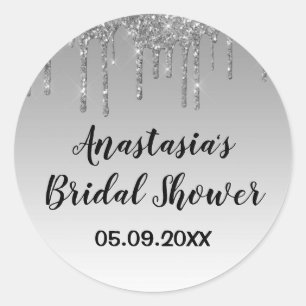 Bridal Shower Grey & Silver Glitter Drips Sparkle Classic Round Sticker