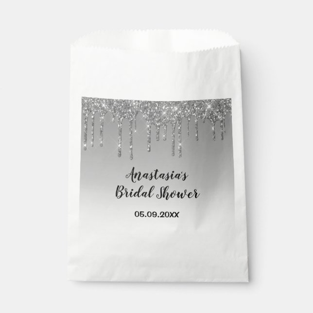 Bridal Shower Grey & Silver Glitter Drips Sparkle Favour Bag (Front)