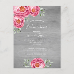 Bridal shower grey wood pink floral invitation postcard