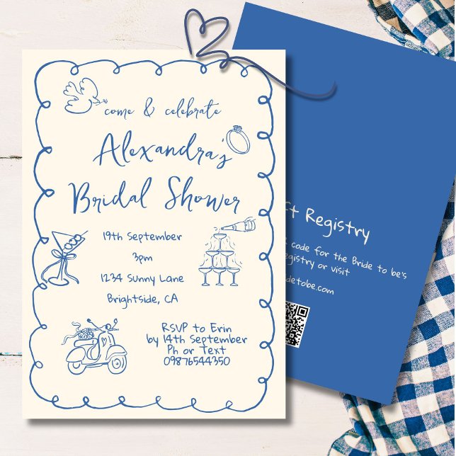 Bridal Shower Hand Drawn Blue Cream Whimsical  Invitation (Creator Uploaded)