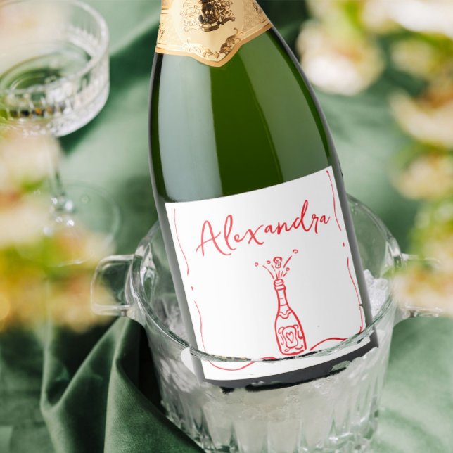 Bridal Shower Hand Drawn Red White Whimsical Sparkling Wine Label (Creator Uploaded)