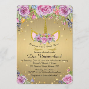 Bridal Shower Honouring, unicorn,metal gold,flower Invitation
