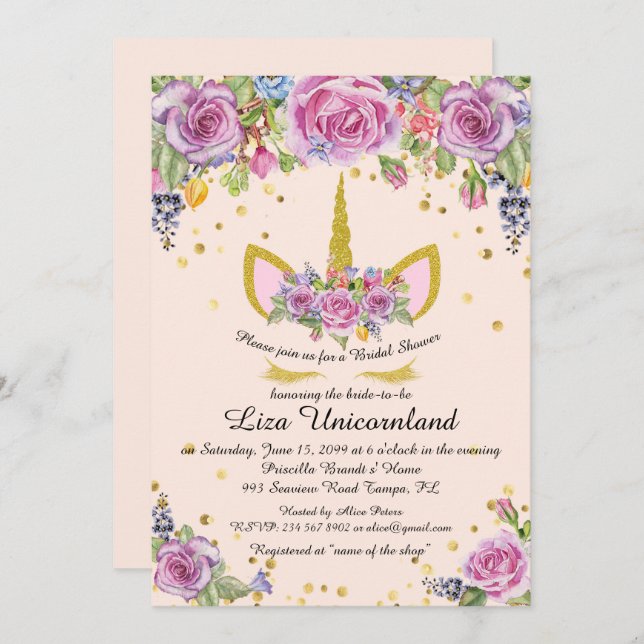 Bridal Shower Honouring, unicorn,pink,flowers Invitation (Front/Back)