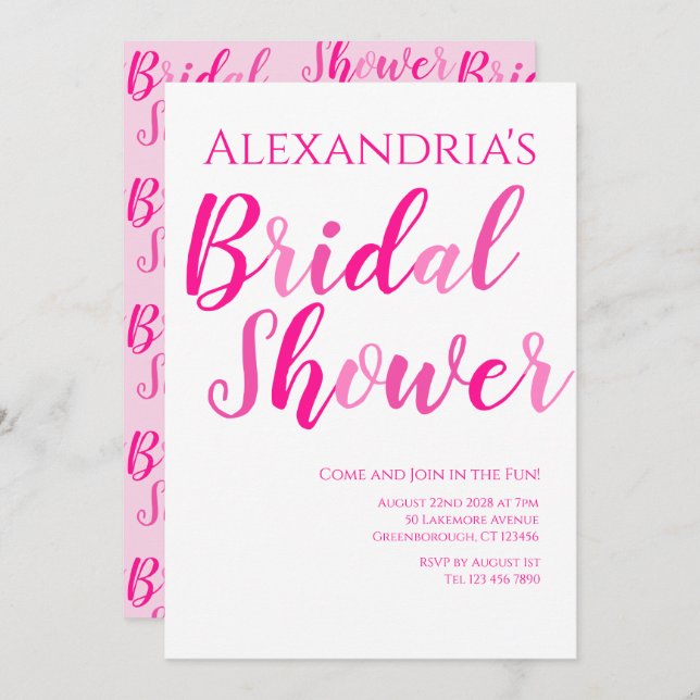 Bridal Shower Hot Pink Modern Party Invitation (Front/Back)