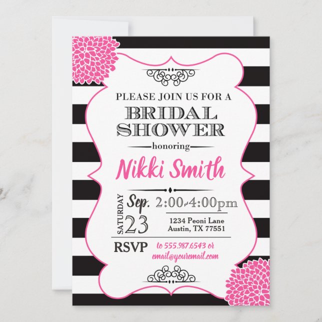 Bridal Shower Hot Pink Peony Black White Stripes Invitation (Front)