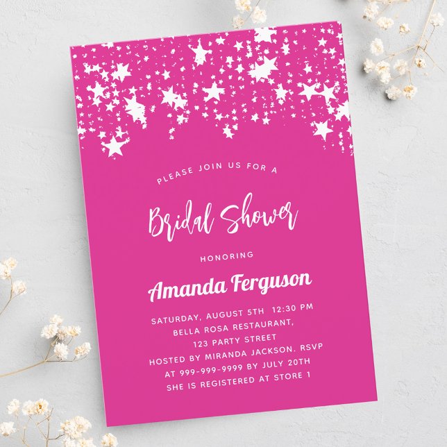 Bridal Shower hot pink white stars Invitation Postcard (Creator Uploaded)