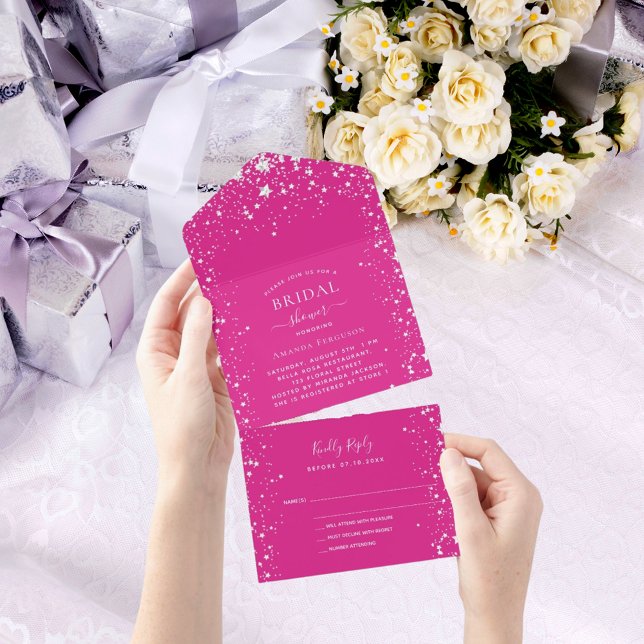 Bridal Shower hot pink white stars RSVP All In One Invitation (Creator Uploaded)