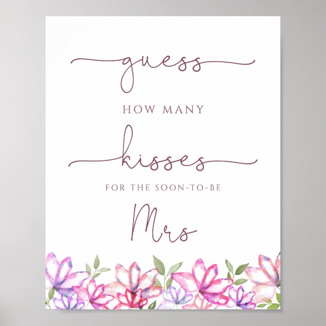 Bridal Shower How Many Kisses Game Pink Greenery   Poster (Front)