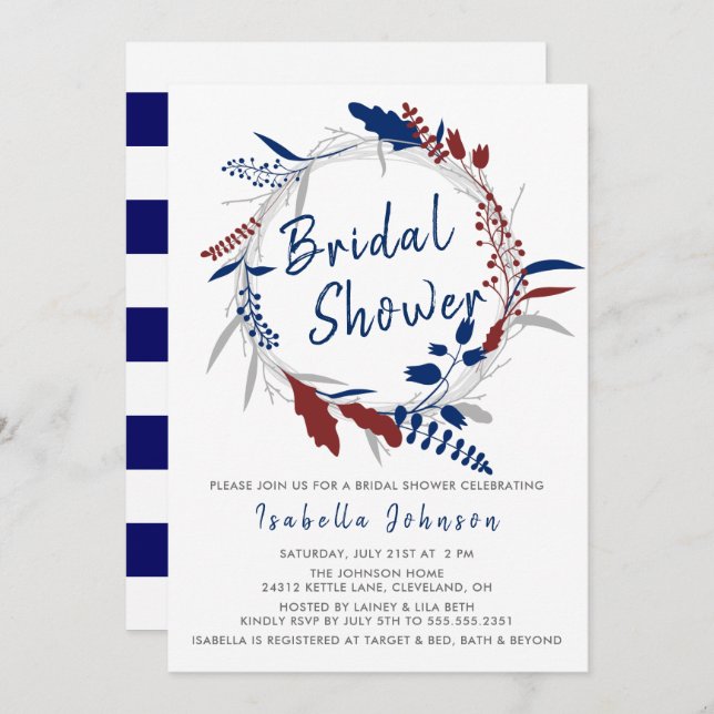 Bridal Shower in a Whimsical Blue Floral Wreath Invitation (Front/Back)