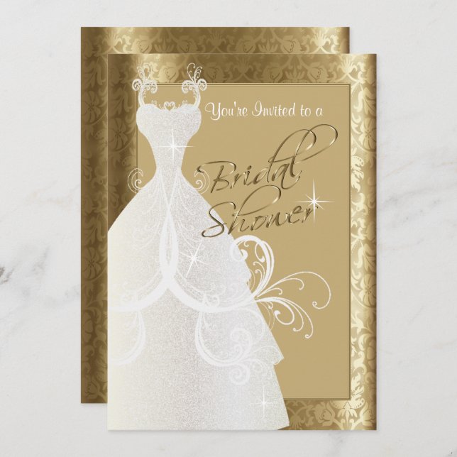 Bridal Shower in Antique Gold Damask Invitation (Front/Back)