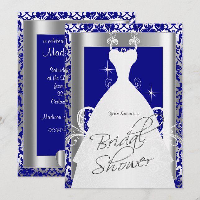 Bridal Shower in Royal Blue Damask and Silver Invitation (Front/Back)