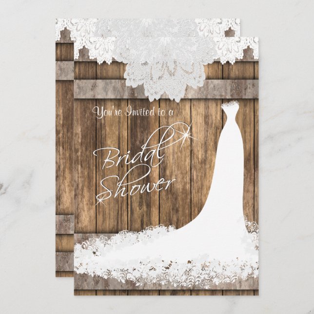 Bridal 👰  Shower in Rustic Wood & White Lace Invitation (Front/Back)
