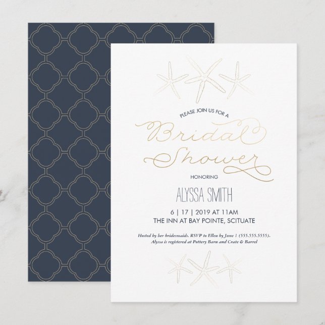 Bridal Shower Invitation - Beach, Starfish, Gold (Front/Back)
