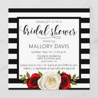 Bridal Shower Invitation Black White Stripes Rose