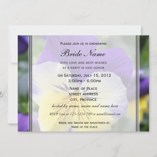 Bridal shower invitation, blue pansy flower invitation (Front)