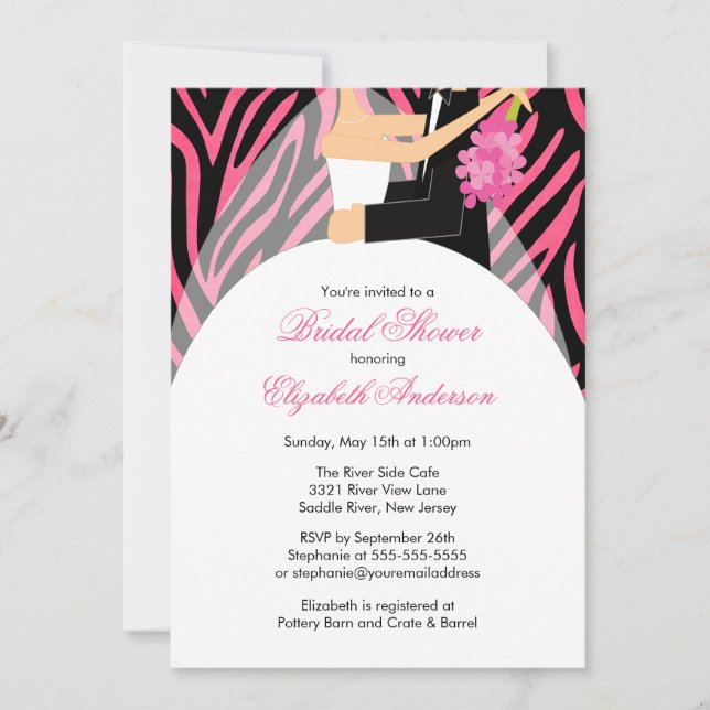 Bridal Shower Invitation Bride Groom Pink Zebra (Front)