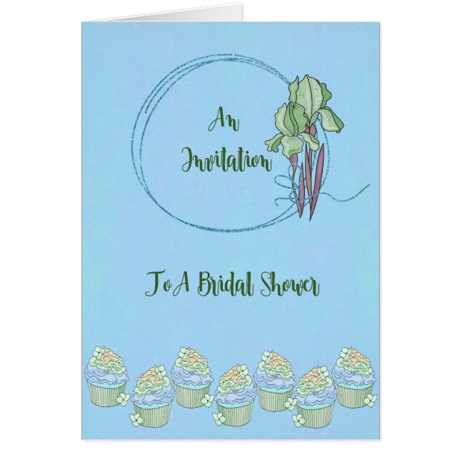 Bridal Shower Invitation Card, Blue with Iris (Front)