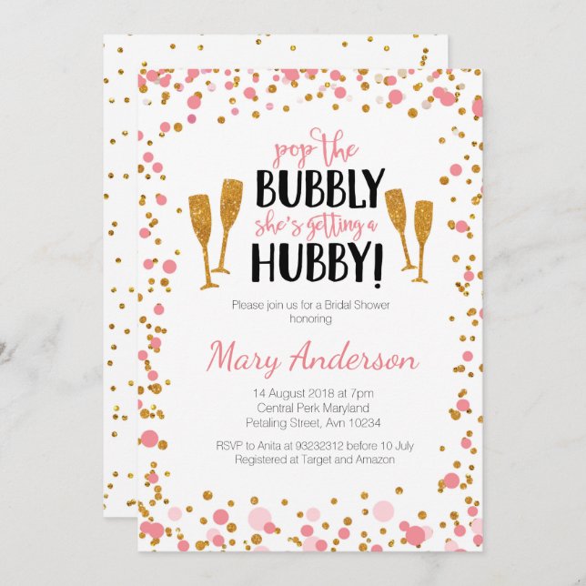 Bridal Shower invitation card - gold and pink (Front/Back)