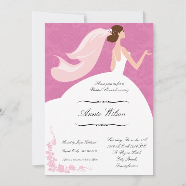 Bridal Shower Invitation card in pink damask theme (Front)