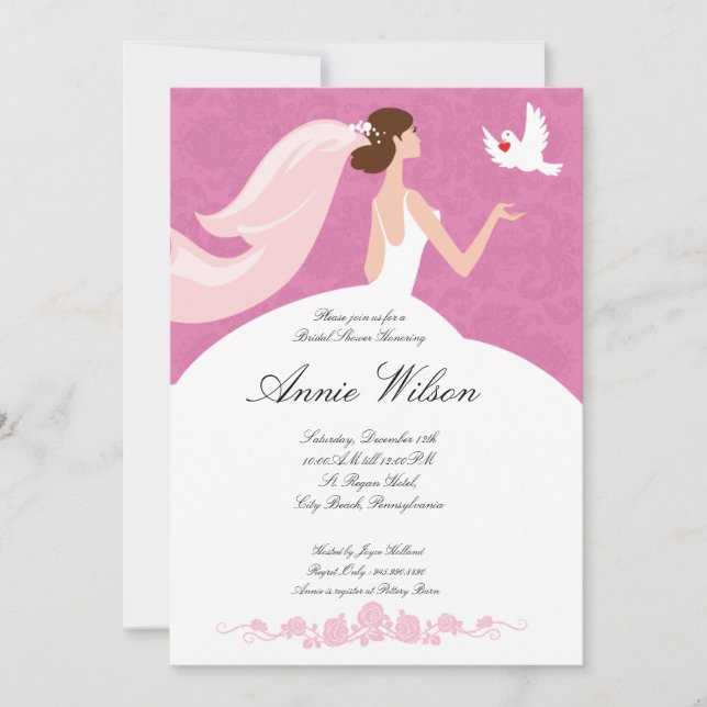 Bridal shower invitation card with white pigeon (Front)