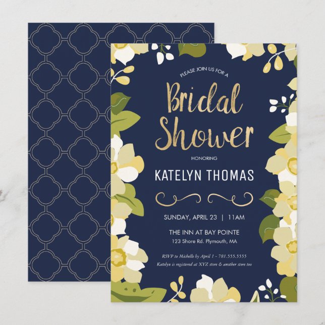 Bridal Shower Invitation, Customise Floral w/ Gold Invitation (Front/Back)