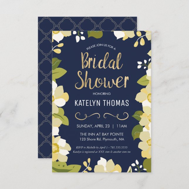 Bridal Shower Invitation, Customise Floral w/ Gold Invitation (Front/Back)
