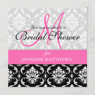 Bridal Shower Invitation Damask Hot Pink Monogram