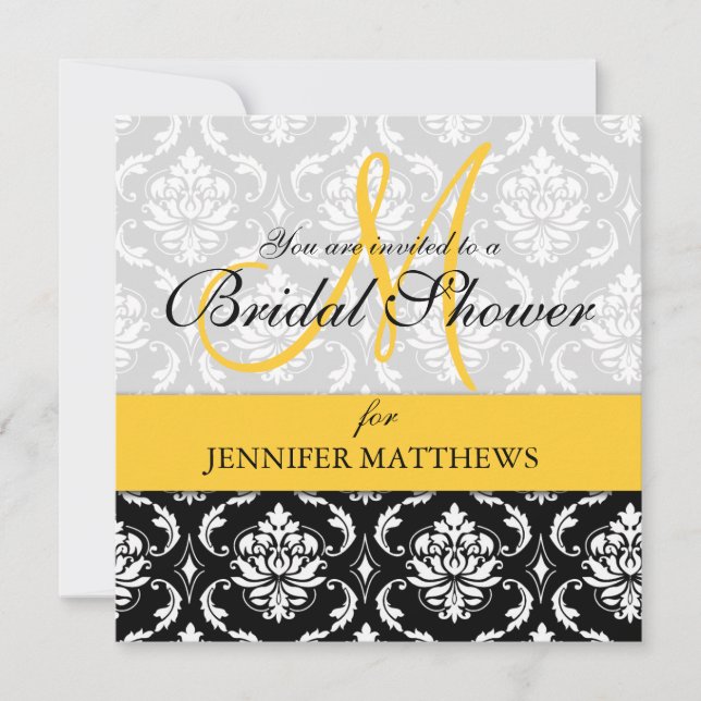 Bridal Shower Invitation Damask Yellow Monogram (Front)