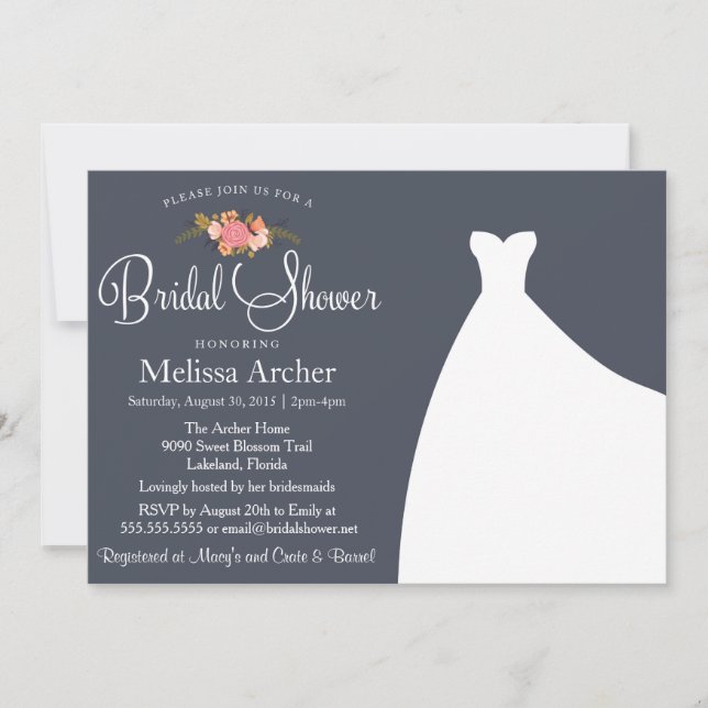 Bridal Shower Invitation, Floral & Wedding Gown Invitation (Front)