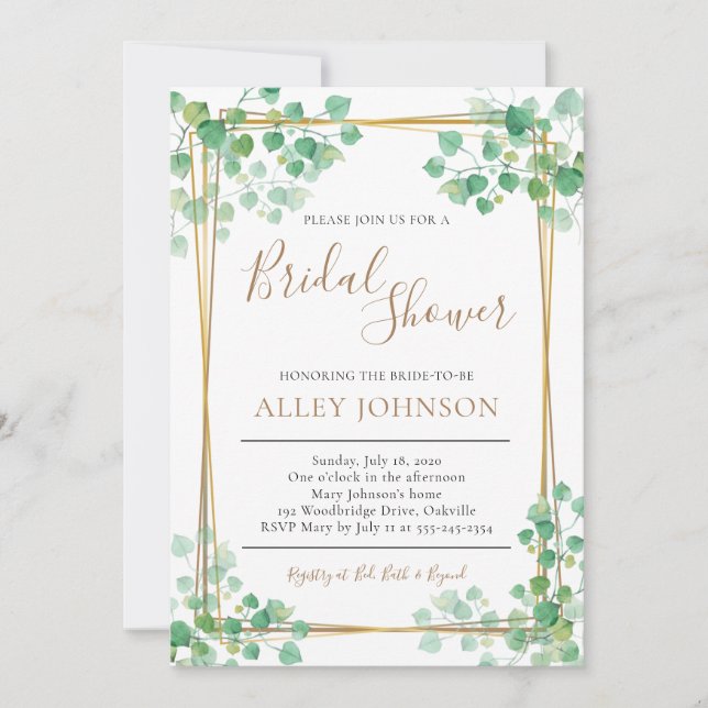 Bridal Shower Invitation Foliage with gold border (Front)