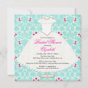 Bridal Shower Invitation Gown Turquoise  Damask