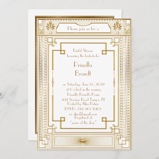 Bridal Shower invitation,great Gatsby gold Gold Invitation (Front/Back)