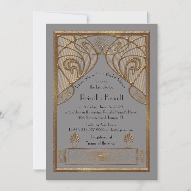 Bridal Shower invitation,great Gatsby, grey Gold Invitation (Front)