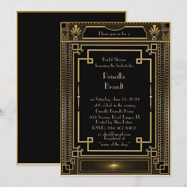 Bridal Shower invitation,great Gatsby metal Gold Invitation (Front/Back)