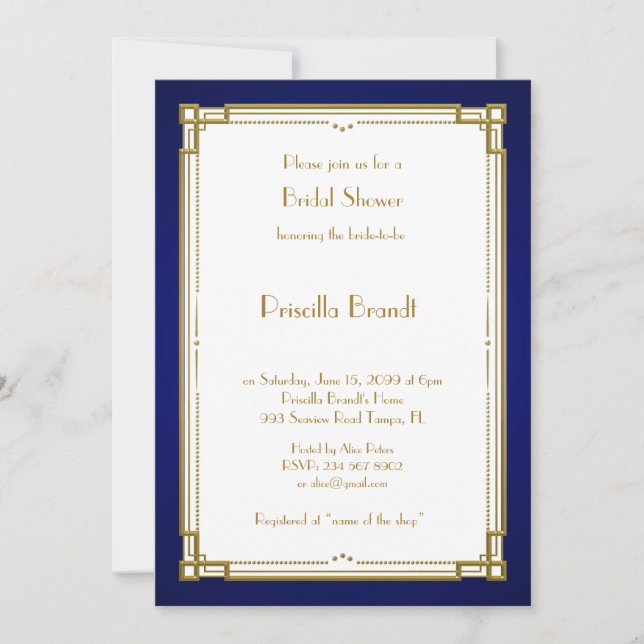 Bridal Shower invitation,great Gatsby, white&navy Invitation (Front)