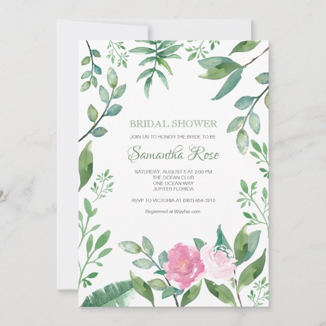 Bridal Shower Invitation Greenery and Pink Roses (Front)