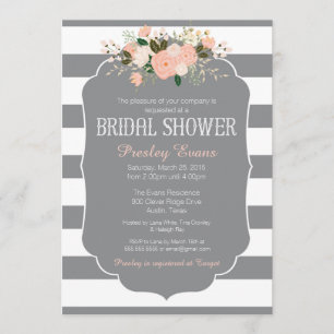 Bridal Shower Invitation, grey stripe peach floral Invitation