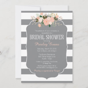Bridal Shower Invitation, grey stripe peach floral Invitation