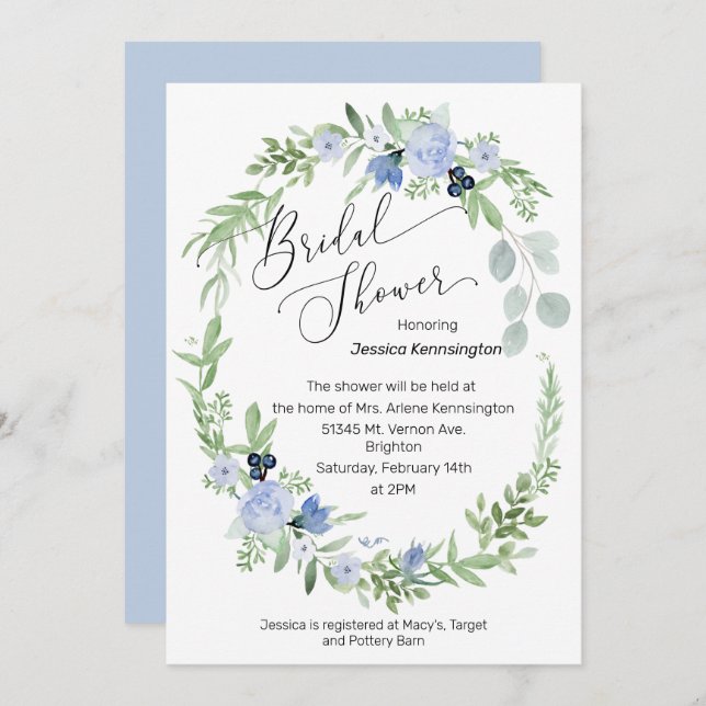 Bridal Shower Invitation Ice Blue Flowers (Front/Back)