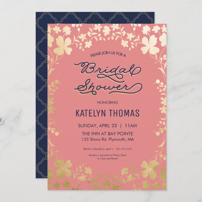 Bridal Shower Invitation, Navy, Coral, Gold Floral Invitation (Front/Back)