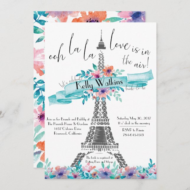 Bridal Shower Invitation- Paris, Floral Invitation (Front/Back)